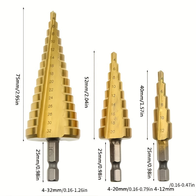 Titanium step drill bit for wood and metal cutting, ranging from 4 to 32mm, featuring high-speed steel and hex head design.