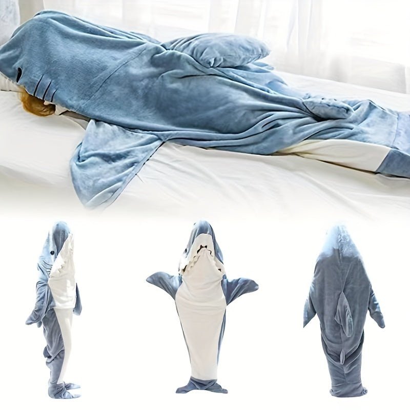 Thickened and warm 1pc Shark Loungewear Pajamas that transform into a multifunctional blanket, perfect for wearing at home or as a cozy sleeping bag with a fun cartoon shark design.