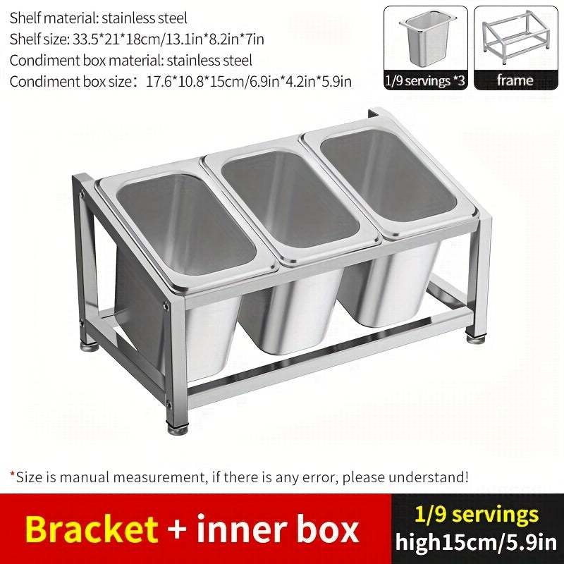 1/9-Compartment Spice Organizer crafted from durable stainless steel - Perfect for organizing spices and seasonings on your countertop. Includes condiment containers for easy storage. Ideal for use in both kitchens and restaurants.