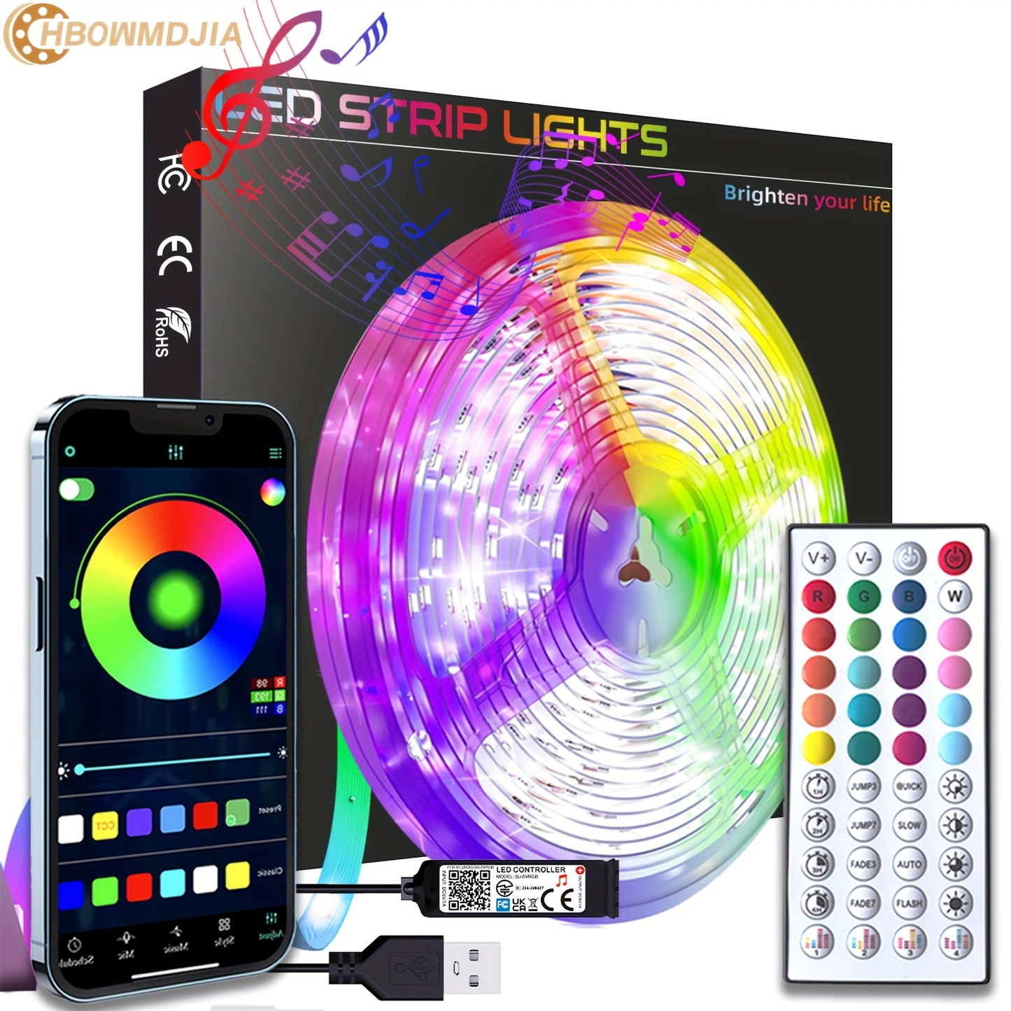 HBOWMDJIA Smart LED Strip Lights: 91.44cm-30.48m, Color Changing & Music Sync, App Control & Remote, USB Powered, Bedroom Ambiance & Party Decor.