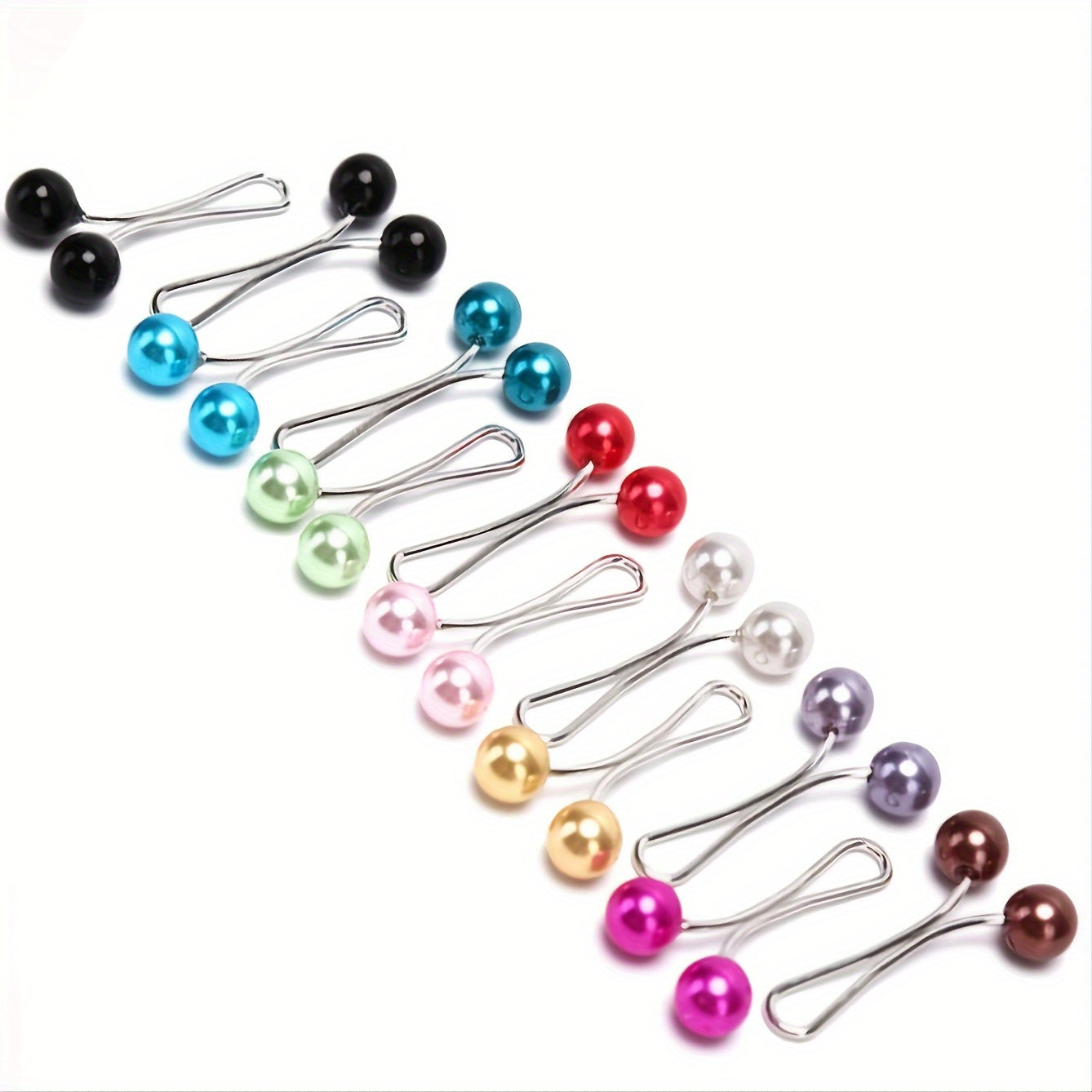 12 Middle Eastern headscarf clips with faux pearl brooches for securing silky scarves and shawls.