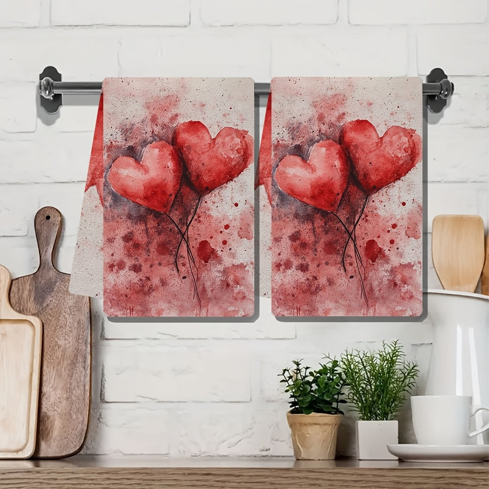 Set of 2 Valentine's Day-themed kitchen towels with a modern coastal design, made of highly absorbent polyester knit fabric. These machine washable towels measure 40.64x60.96 cm and are perfect for adding a festive touch to your holiday decor. Item