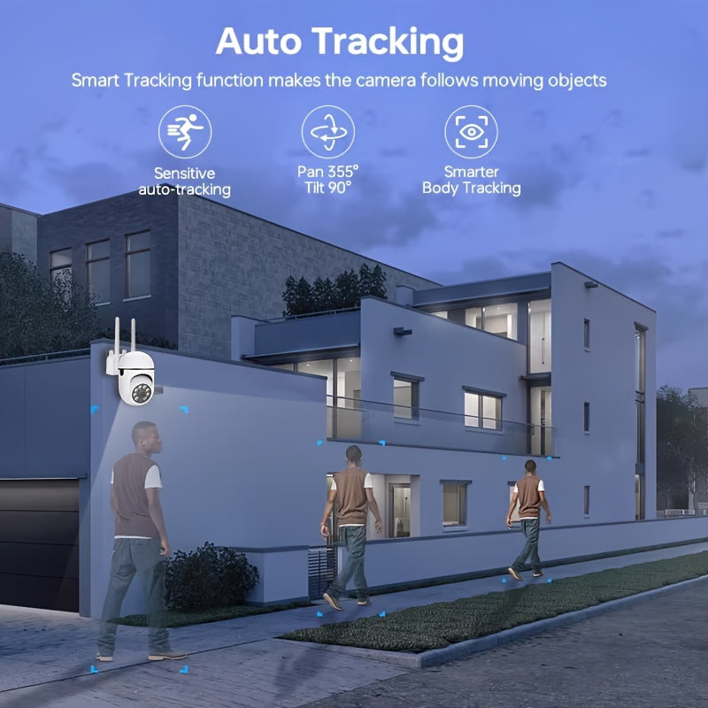 Five high-definition outdoor security cameras featuring auto tracking, night vision, motion alerts, and two-way audio. Can connect to 2.4GHz WiFi for remote viewing from a smartphone, suitable for both indoor and outdoor use.