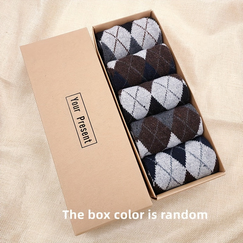 5 pairs of men's warm and comfortable wool socks, boxed for gifting.