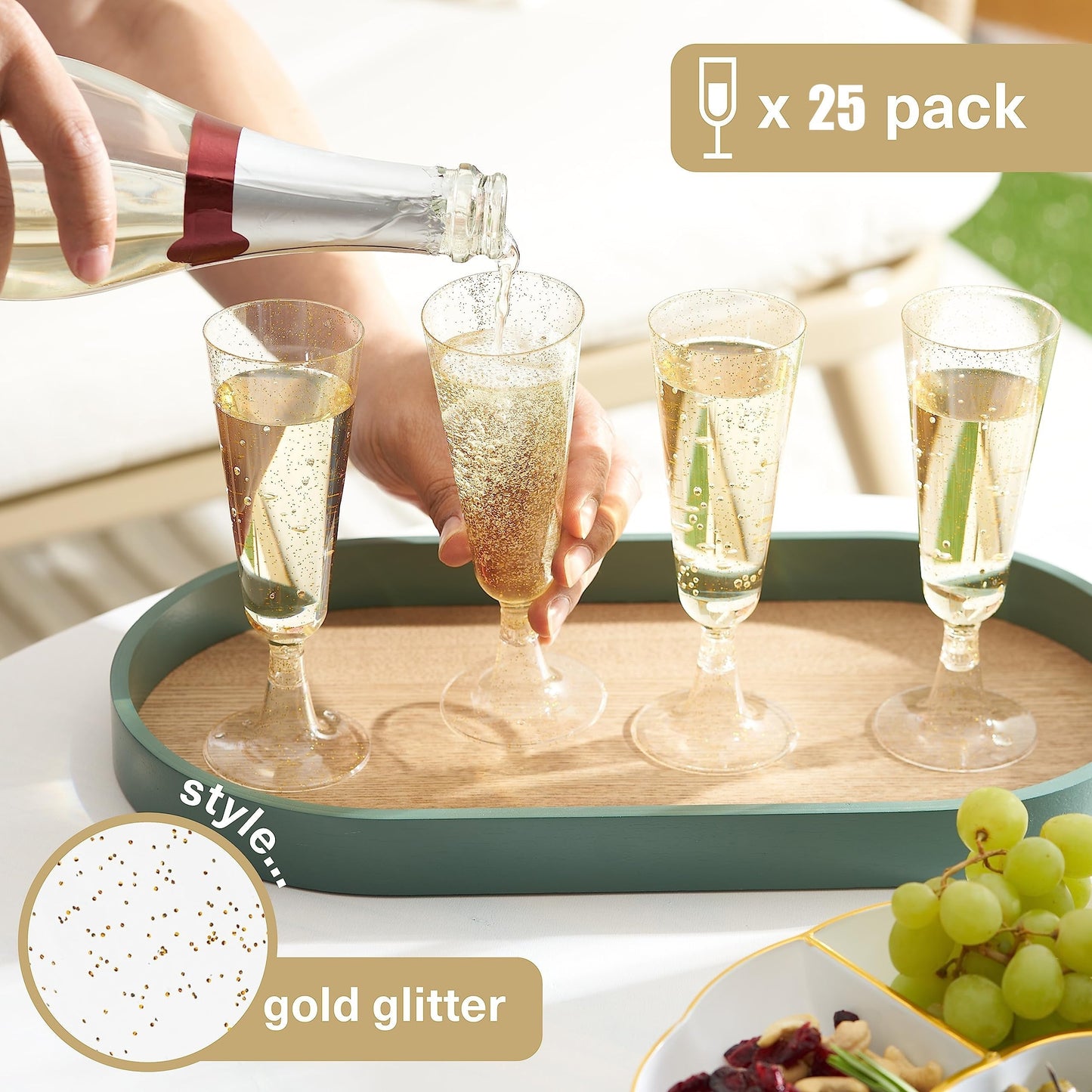 25 pieces of Golden Glitter 5oz Plastic Champagne Flutes, Clear and Eco-Friendly Toasting Glasses for Weddings, Anniversaries, and Garden Parties - Versatile Mimosa and Cocktail Cups