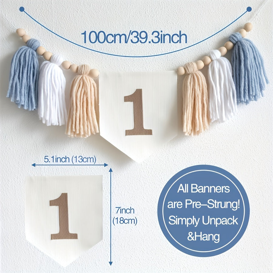 Boho blue high chair tassel garland for 1st birthday party decoration for boy.