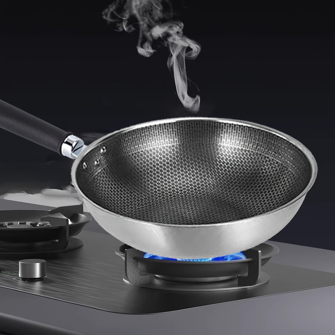 One high-quality stainless steel honeycomb wok with a reinforced glass lid - features non-stick, food-safe cast iron and a standable design for convenient storage.