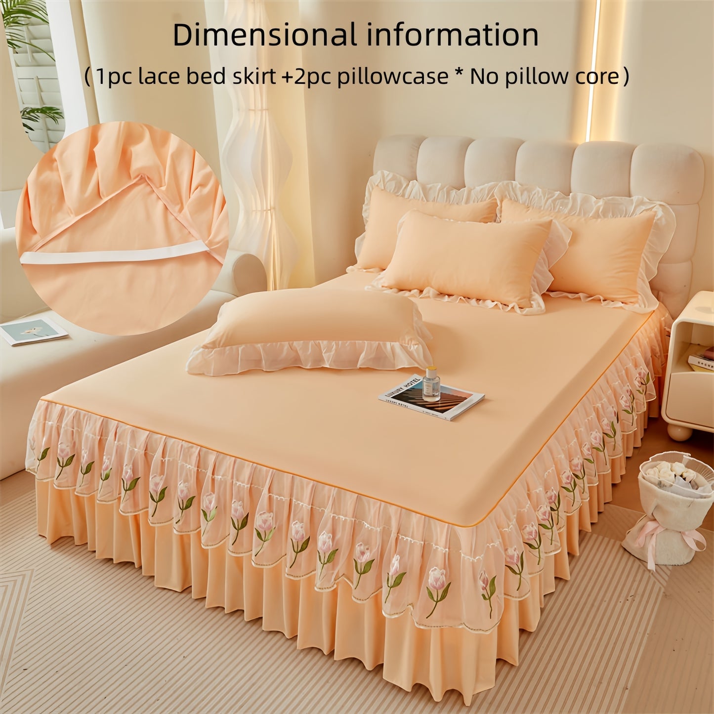 3pcs Luxury Embroidered Bed Skirt Set with Rose Lace Ruffles, 100% Polyester, Includes 1 Lace Bed Skirt and 2 Lotus Leaf Pillowcases. Suitable for Bedroom or Guest Room, Machine Washable.