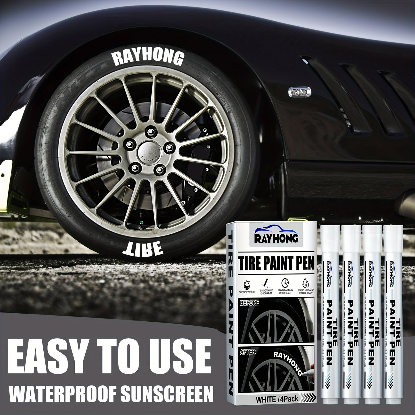 Set of 4 Tire Paint Pens for customizing your car's tires, perfect for adding letters or designs. This versatile tool is ideal for decoration and modification projects, making it a must-have for graffiti artists and DIY enthusiasts. Stay on-trend with