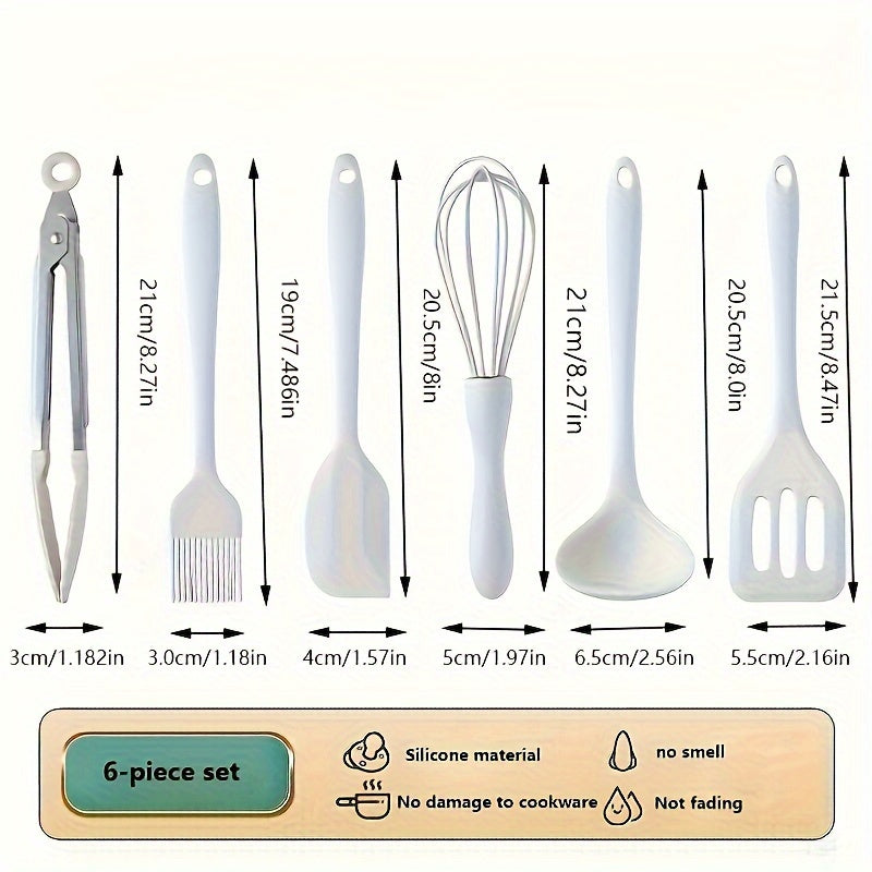 Barcha-birga to'plami silikon uy pishirish asboblari - 3 dona, 4 dona yoki 6 dona o'z ichiga oladi - yuqori haroratga chidamli va yopishmaydigan mini oshxona asboblari, masalan, tort qirqgich, oziq-ovqat klipi, viski, moy cho'tkasi, qoshiq va spatula.