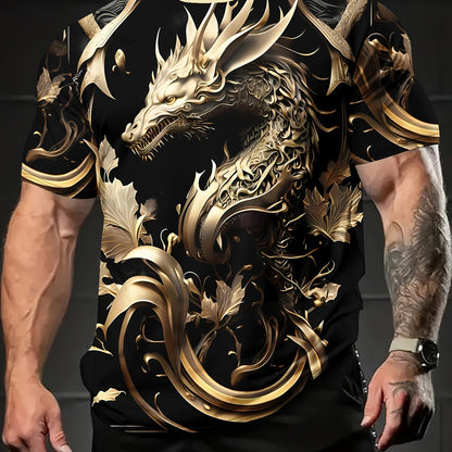 Men's Dragon Graphic Print T-shirt, Short Sleeve Crew Neck Tee for Summer Outdoorwear.