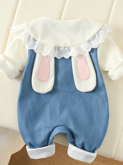 Qidan's Rabbit Doll Collar Denim Romper, perfect for outdoor wear