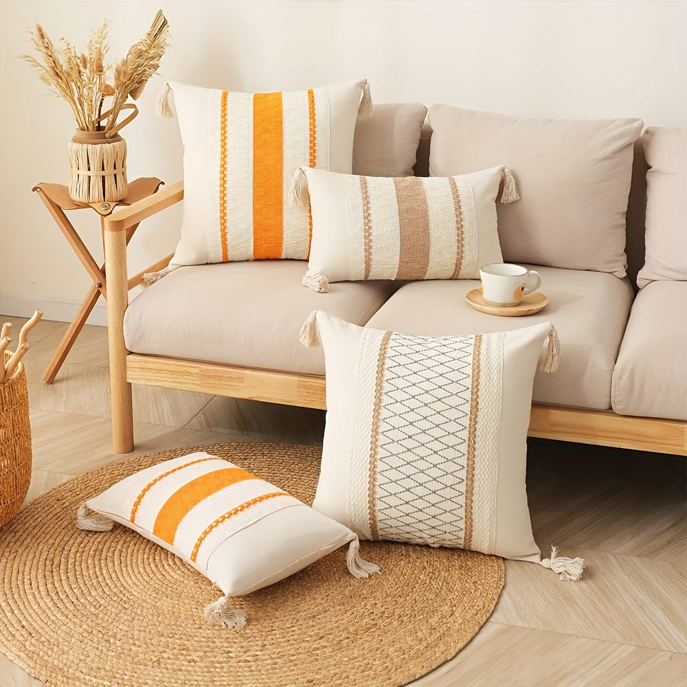 One piece Bohemian Chic Fringe Pillow Cover with Geometric Pattern in Orange, Beige & White. Made from Stain-Resistant Polyester with Zippered Square/Rectangular Cushion Case for Living Room Sofa Decor. Machine Washable, perfect for Throw Pillows on