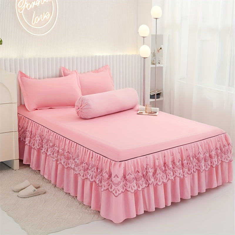 Chic 3-Piece Bed Skirt Set Featuring Double Layer Lace - Comes with 1 Bed Skirt and 2 Pillowcases, in a Solid Color. Non-Slip and Perfect for All Seasons, this Set is Machine Washable for easy care.