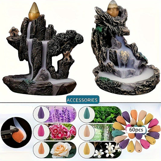 Waterfall backflow incense burner with 60 mixed scent cones for home, office, and work. Ideal for meditation and relaxation.