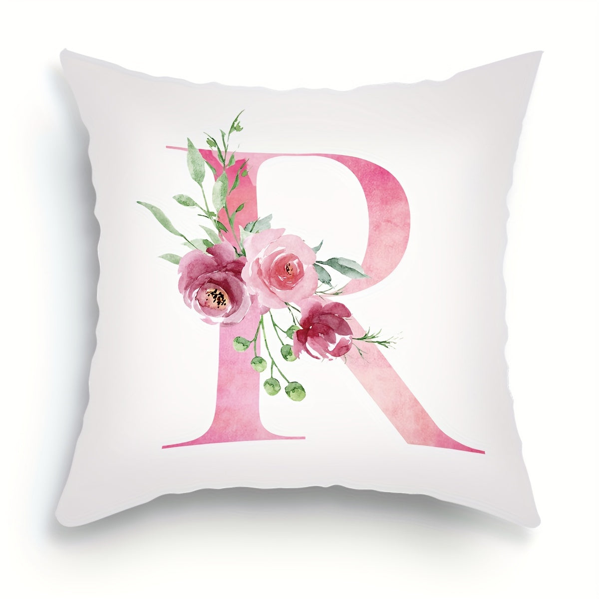 18x18 inch Alphabet Floral Pillow Cover featuring A to Z English Letters in pink print. Ideal for adding a contemporary touch to sofa, living room, or bedroom decor. Single-sided printing, insert not included.