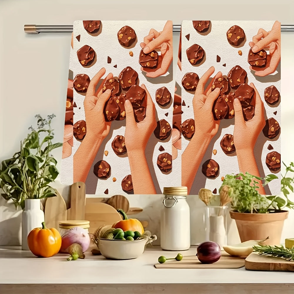 Get 2 ultra soft kitchen towels, perfect for holiday decor and featuring a set of gourmet chocolate covered cookies. These highly absorbent dish hand towels are machine washable and measure 16x24 inches. Item number: 2KYSMF1214049