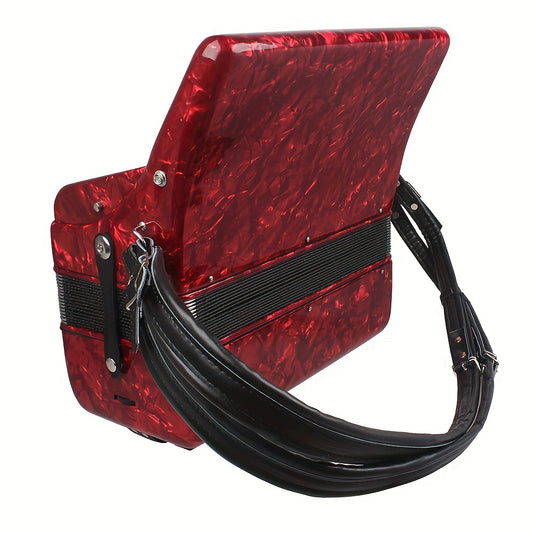 Adjustable accordion strap for 16-120 bass accordions made of durable faux leather with thick padding and secure buckle closure. Sleek glossy finish with high-quality material.