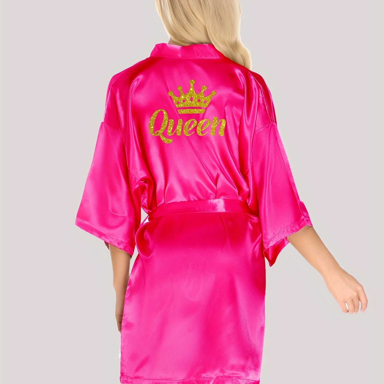 Queen letter pattern night robe with 3/4 sleeves, V-neck, belt, and women's sleepwear.