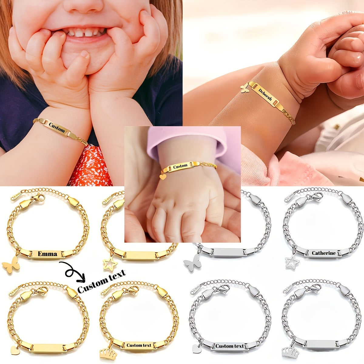 Customize your stainless steel bracelet with charming butterfly, star, crown, and heart charms. Add a personal touch with custom name and date engraving for a special occasion like birthdays, Valentine's Day, or Mother's Day. This bracelet is the perfect