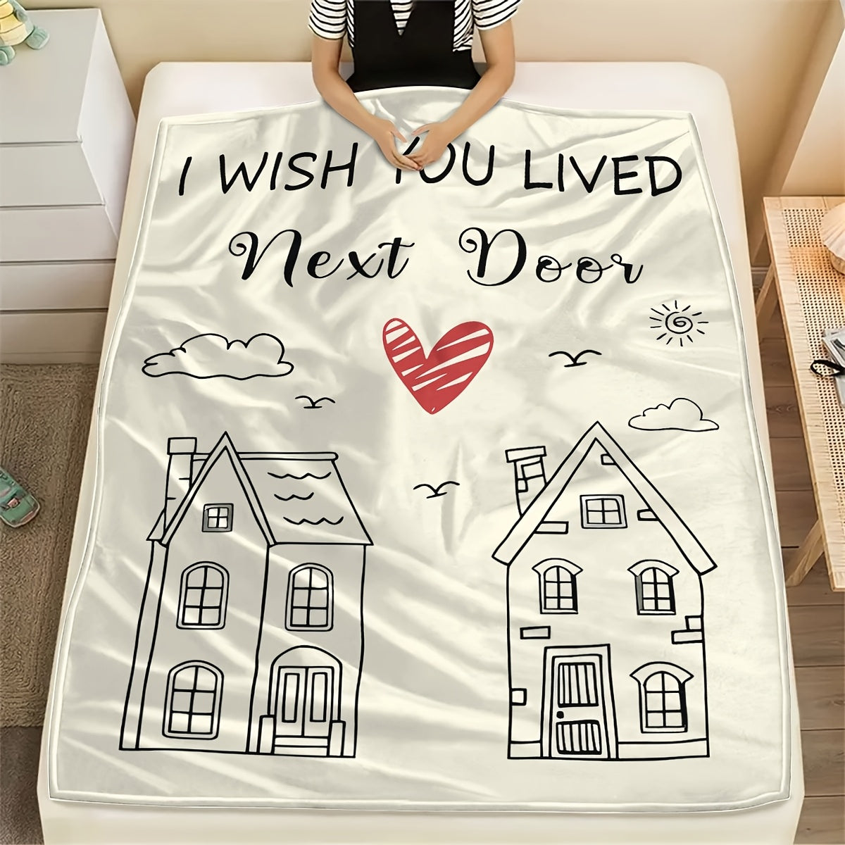 Stay warm and cozy with this flannel throw blanket, the perfect gift for your best friend in a long-distance relationship. Featuring a charming 'I Wish You Lived Next Door' design, this blanket is soft, stain-resistant, and ideal for all seasons.