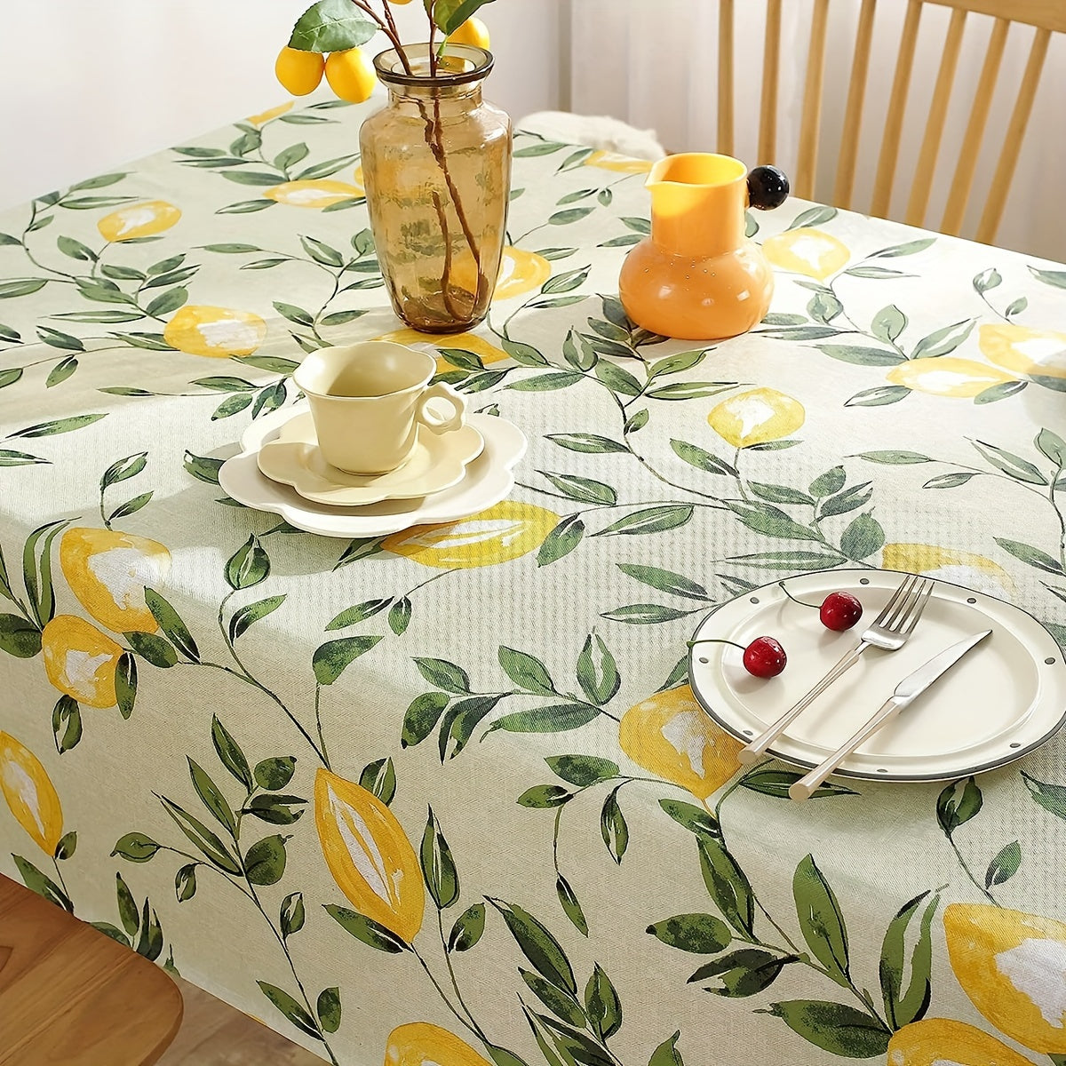 1pc Lemon & Leaf Pattern Vinyl Tablecloth - Waterproof, Oil-Resistant, Easy to Clean, Rectangular Flannel for Kitchen, Parties, Picnics, Patio Dining - Lemon Decor