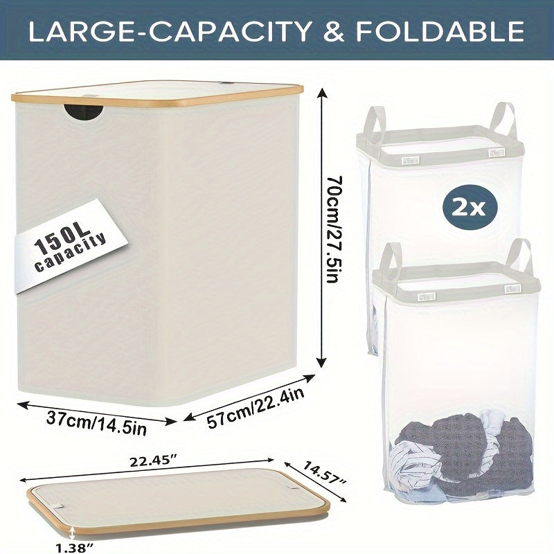 Casual style large storage organizer for home - 1pc Bamboo Laundry Hamper with Dual Flip-Top Lids, 150L Capacity Foldable Clothes Basket