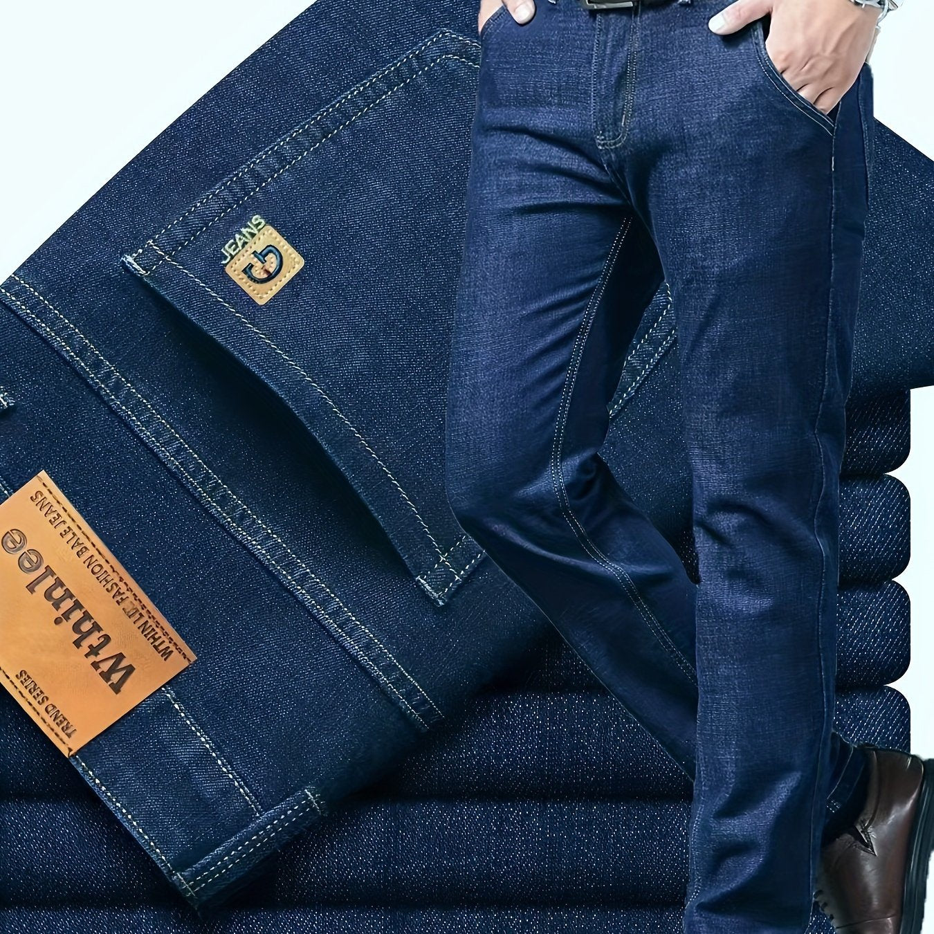 2024 New Style Men's Dark Blue Slim Fit Jeans, Thick Casual Pants for Autumn and Winter, Four Seasons Style.