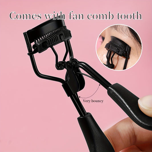 Compact eyelash curler with stainless steel curler and comb for lasting curl, ideal for daily use to enhance lashes.