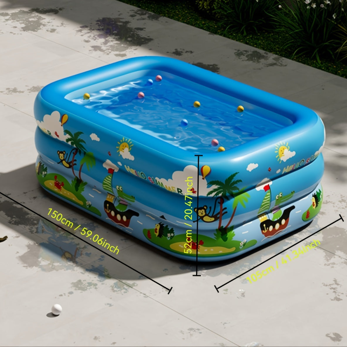 Adults' durable PVC inflatable swimming pool for indoor and outdoor use, perfect for parties and holidays. Summer floating pool toy measuring 150x105x52cm with multiple components.