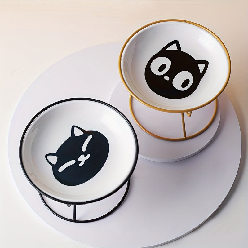 Pack of 2 includes 1pc Shelf + 1pc Bowl Ceramic Cat High Table Bowl with Cartoon Pattern. Health-conscious design suitable for pet feeding at home.