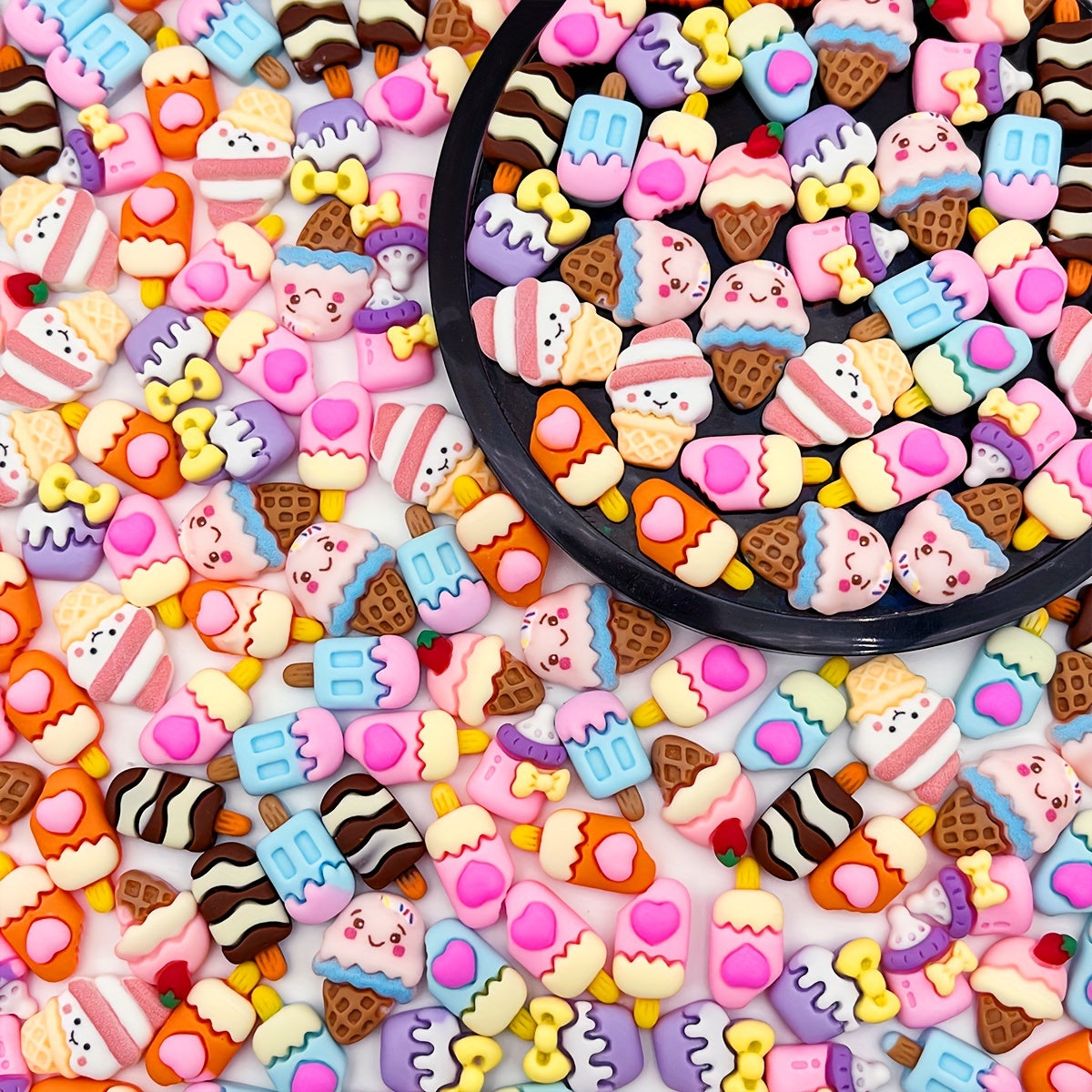 Set of 50 adorable Kawaii cartoon ice cream cone resin flatback charms for crafting DIY scrapbooking, phone case decoration, and hair clip embellishment