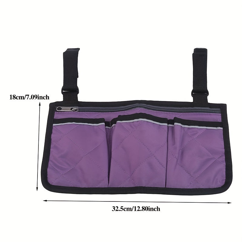 Portable hanging bag for stroller with reflective strip and multiple pockets, featuring armrest attachment and foldable design.