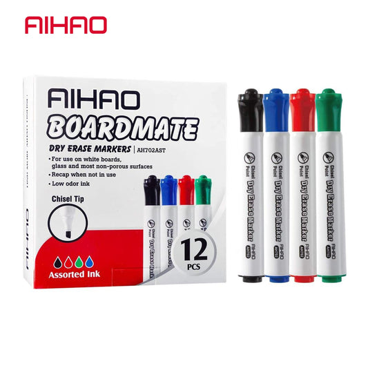 1 pack of 12 AIHAO dry erase markers with assorted colors and chisel tip for school, office, and home use.