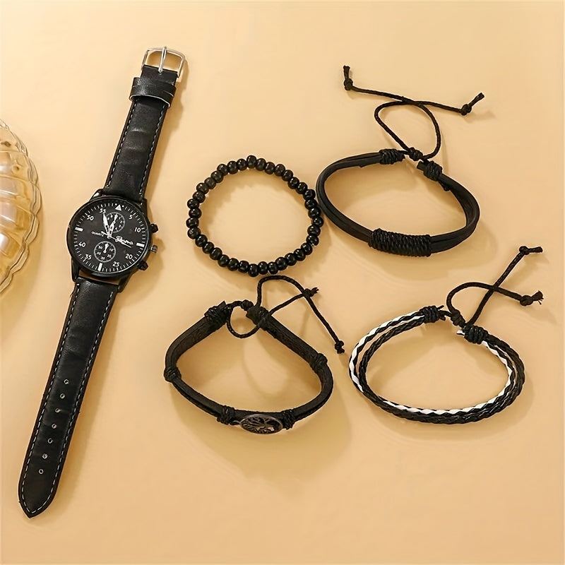 Set of 5 Fashion Men's Casual Black Leather Watches with Life Tree Design and Rope Strap