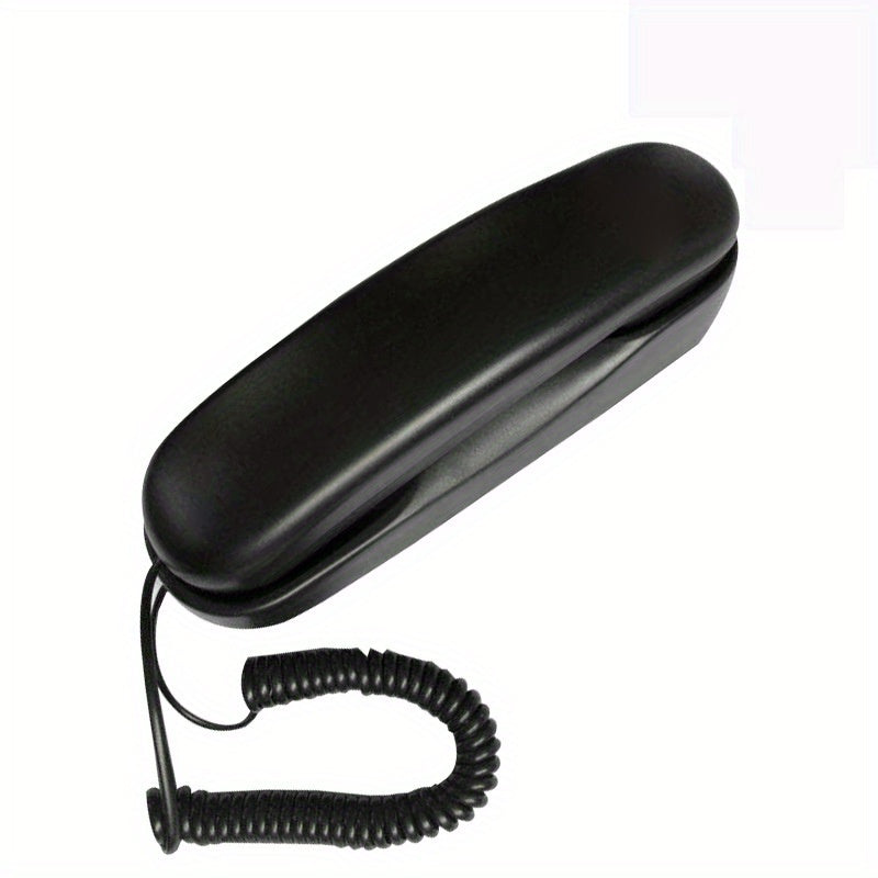 Black corded phone for seniors can be mounted on desk or wall.