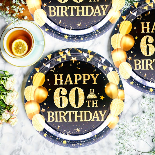 Celebrate your 60th birthday with this set of party essentials, including 20 pieces of 7-inch paper plates, 20 paper towels, and 1 tablecloth. Mix and match to create your own custom set!