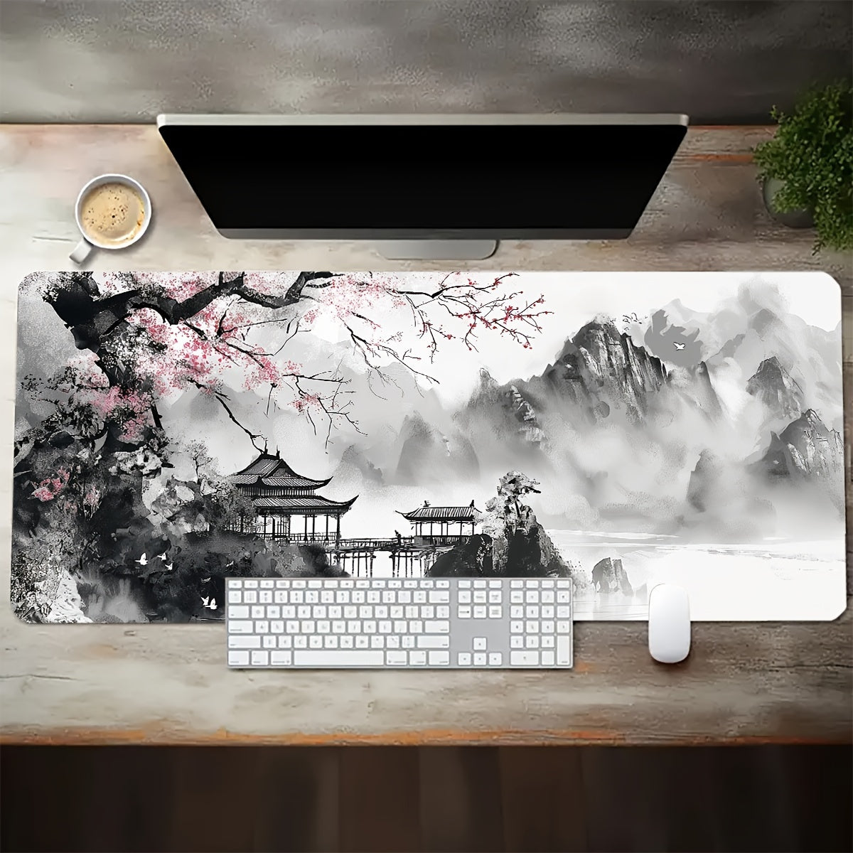 Cherry Blossom Watercolor Gaming Mouse Pad - XL size with Non-Slip Base, Polyester, Rectangular, Ideal for Office and Home Use, 80.01 x 29.97 cm