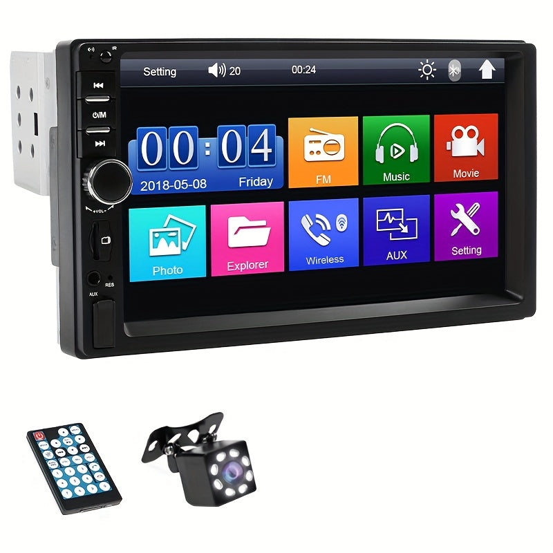 7-inch touchscreen car MP5 multimedia player with FM radio, aux, USB, wireless, MirrorLink for smartphones. Optional rear view camera & steering wheel control. Ideal for back-to-school.