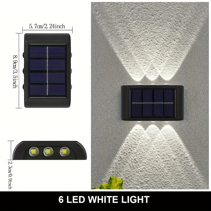 6 LED warm light Solar Wall Sconce for outdoor decorative lighting with energy-saving solar power, light sensor control, acrylic shade, and metal-like plastic housing.