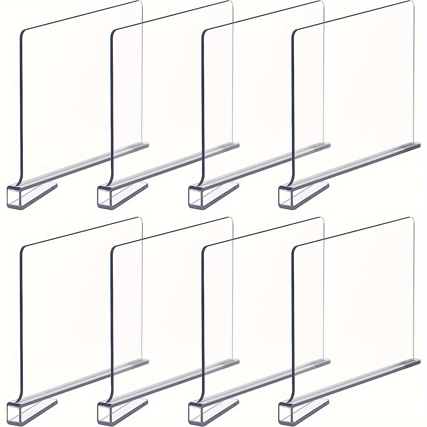 Clear Plastic Bag Storage Dividers in sets of 2, 4, 6, 8, and 12. These detachable cupboard shelves come with nonslip feet, perfect for organizing books and other items in your closet, bathroom, or office. Ideal for L-shaped storage shelves, this