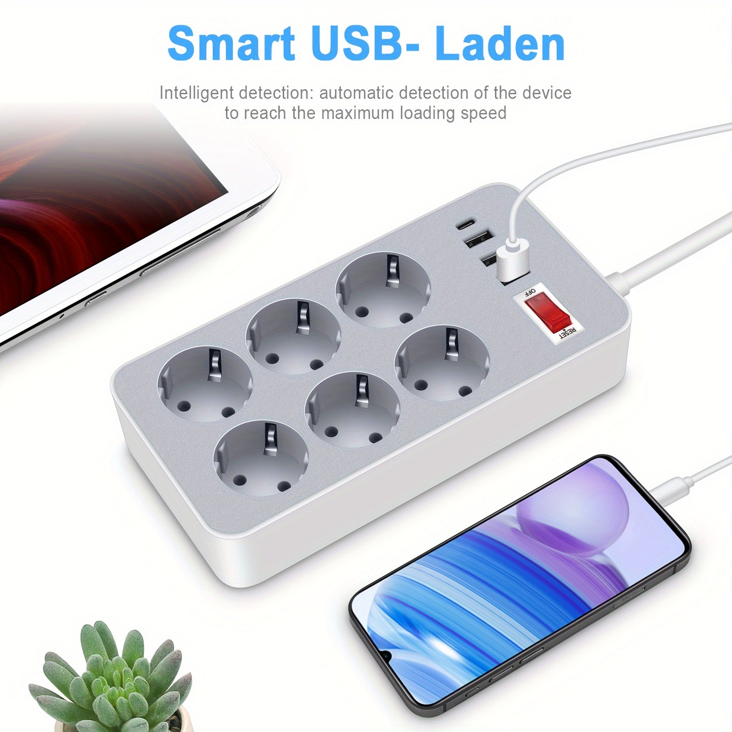 10-in-1 kuchlanish himoyasi uchun kuch ta'minoti, 6 ta AC chiqishi, 3 ta USB-A porti, 1 ta USB-C porti, On/Off kaliti - Yevropa standartidagi ulagich bilan o'rnatilishi mumkin bo'lgan kuch ta'minoti