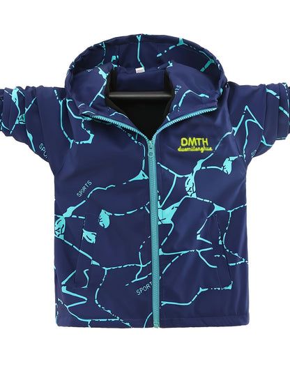 Wind resistant hooded jacket with fleece lining for boys, water resistant zip up style for outdoor activities.