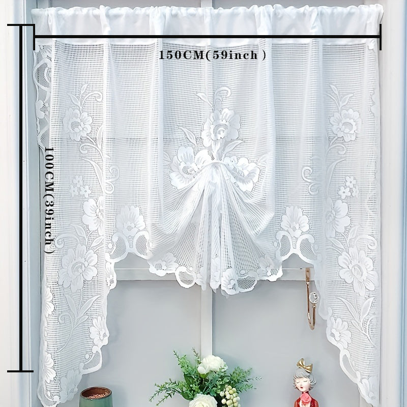 Beige and White Lace Floral Pattern Short Curtain for Window, with Rod Pocket, Perfect for Cafe, Office, Kitchen, Living Room, Study, or Home Decor