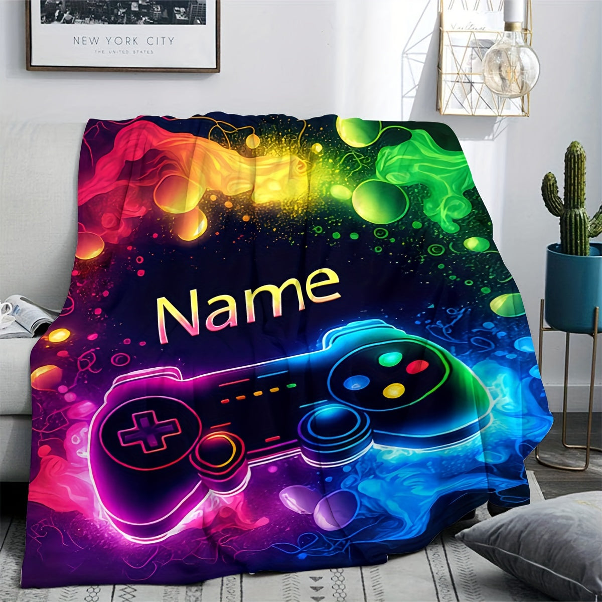 Stay warm and cozy with the 1pc CozyCraft Customizable Gaming Controller Pattern Throw Blanket. Made from lightweight flannel, this blanket is soft, warm, and allergy-free. With a digital print design, this versatile blanket is perfect for using on the