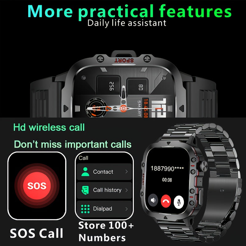 DAORKOW's new rugged smartwatch for men features wireless talk, sports fitness AI voice, 100+ outdoor sports modes, 4.98cm TFT screen, 8868 watch chip, 420mAh rechargeable battery, and