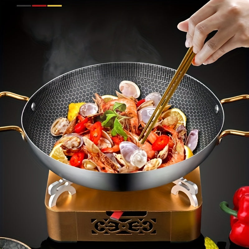 Stainless Steel Wok Pan with Honeycomb Coating, Non-Stick Chef's Pan with Golden Handles, Suitable for Gas Stovetops, No Electricity Required