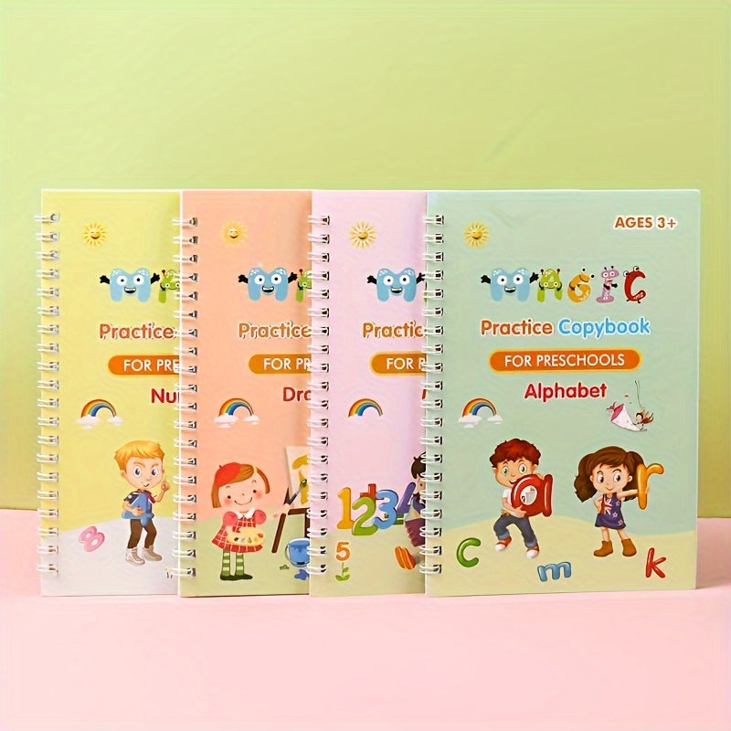 English handwriting practice workbooks for kids - full version with grooved pages, magic writing stickers, bonus pen. Colorful and educational English writing notebook.