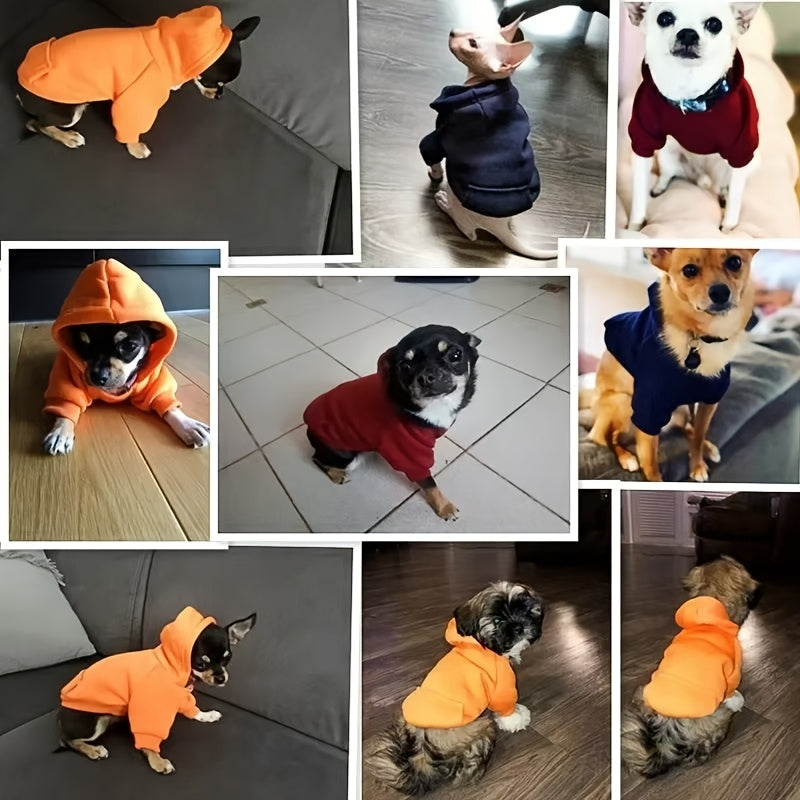 Stylish hooded sweatshirts for small to medium pets in various colors, made of durable all-season polyester. Perfect for winter wear.