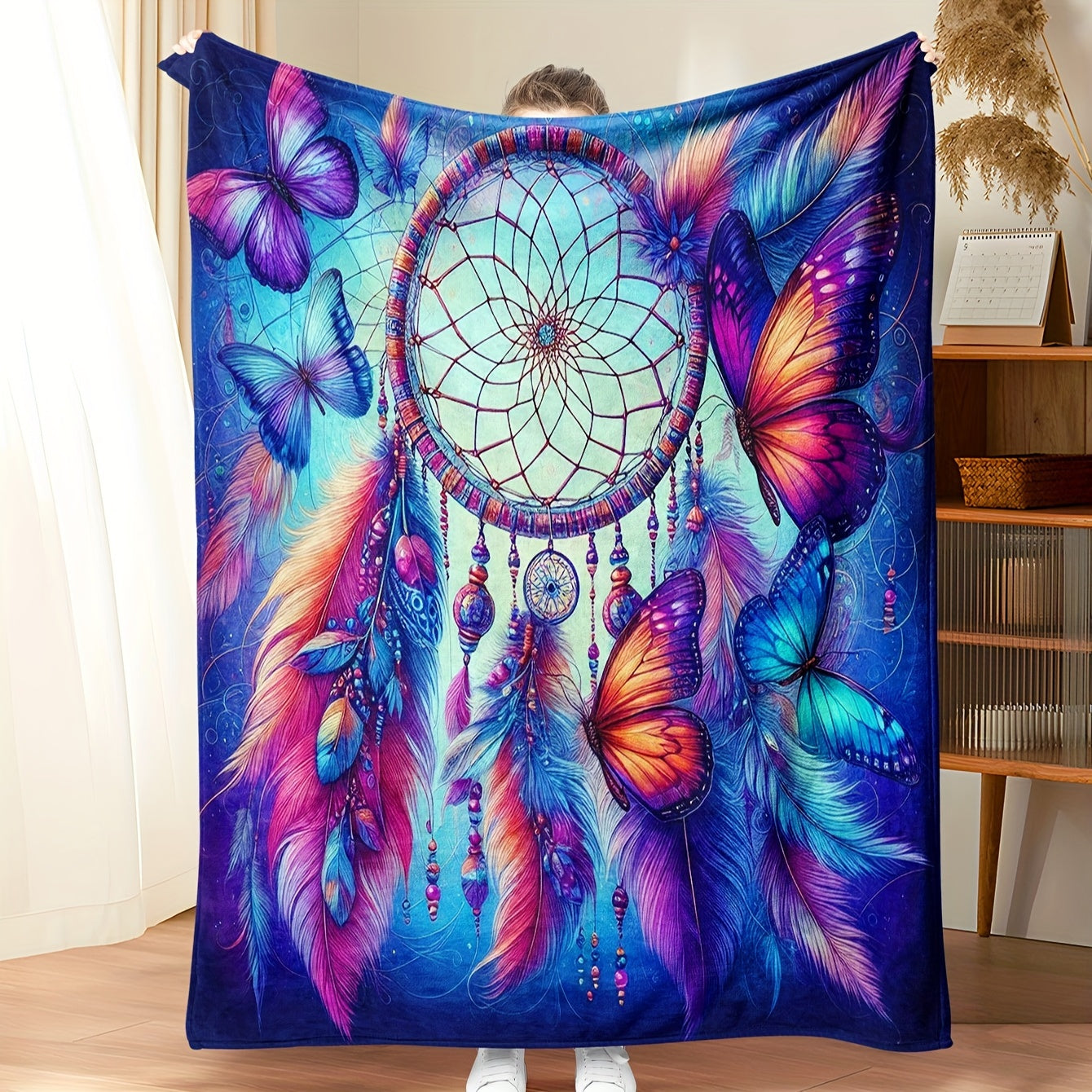 Modern Dreamcatcher and Butterfly Print Flannel Throw Blanket - Featuring Digital Print, Made of Polyester, Comes in Multicolor, Versatile for All Seasons, Lightweight Woven Craftsmanship - Perfect for Home, Office, Car, and Camping Use